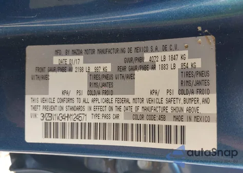 2017 Mazda Mazda3 Grand Touring из США, поврежденный, VIN 3MZBN1W34HM124571